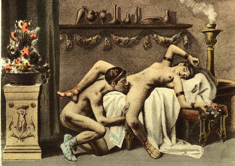 Antique looking image by Édouard-Henri Avril of a man performing cunnilingus on a woman reclining on a bed.