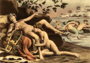 Antique picture by Édouard-Henri Avril of many women giving and receiving cunnilingus including mermaids