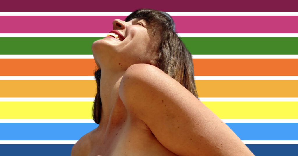 Top torso of a naked woman laughing with bright rainbow colors in the background: increase your libido!
