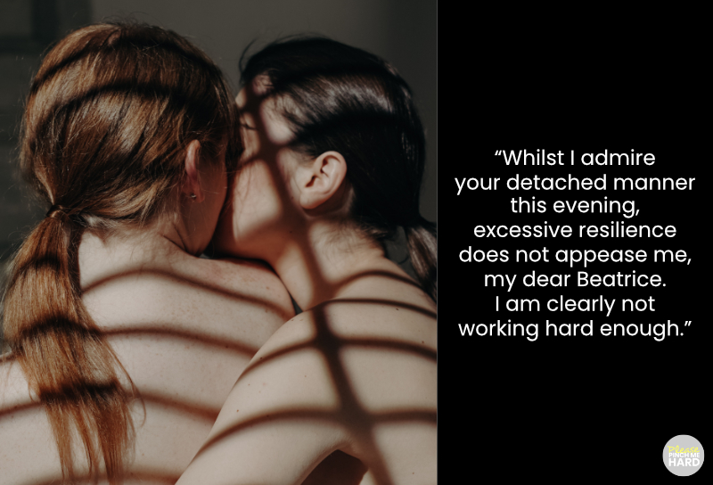 pleasepinchmehard - a short erotic story about two lesbians and their relationship - image shows a quote and two ladies kissing