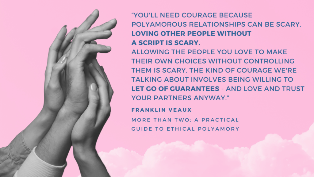 Photo of three hands depicting possible polyamory with a quote by Franklin Veaux