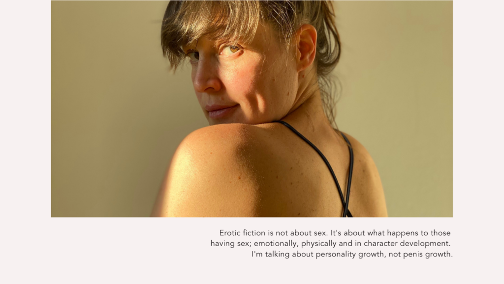 Photo of Lisa Opel with a quote written by her about what erotic fiction can do for you.