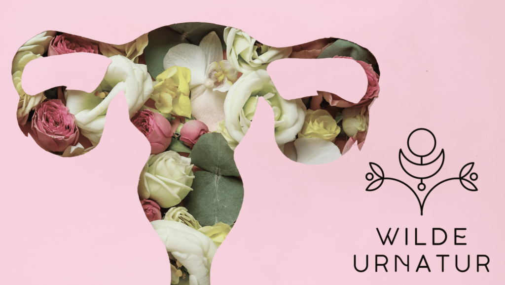 Photo of an illustrated uterus filled with flowers with Wilde Urnatur Logo