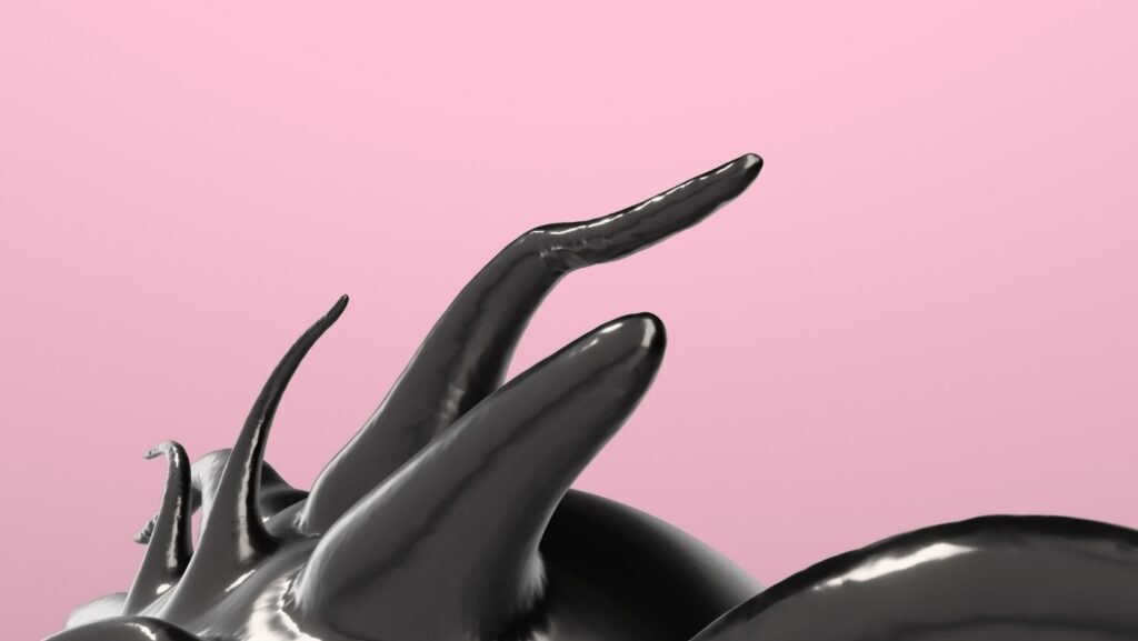 Glossy black tentacle-like shapes rise upward against a smooth pink background, creating an abstract and slightly surreal composition.