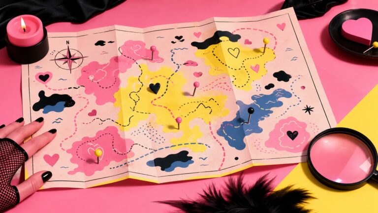 Stylized pink and yellow fantasy map of desire with pins and route lines for an article about Franklin Veaux's Map of Human Sexuality