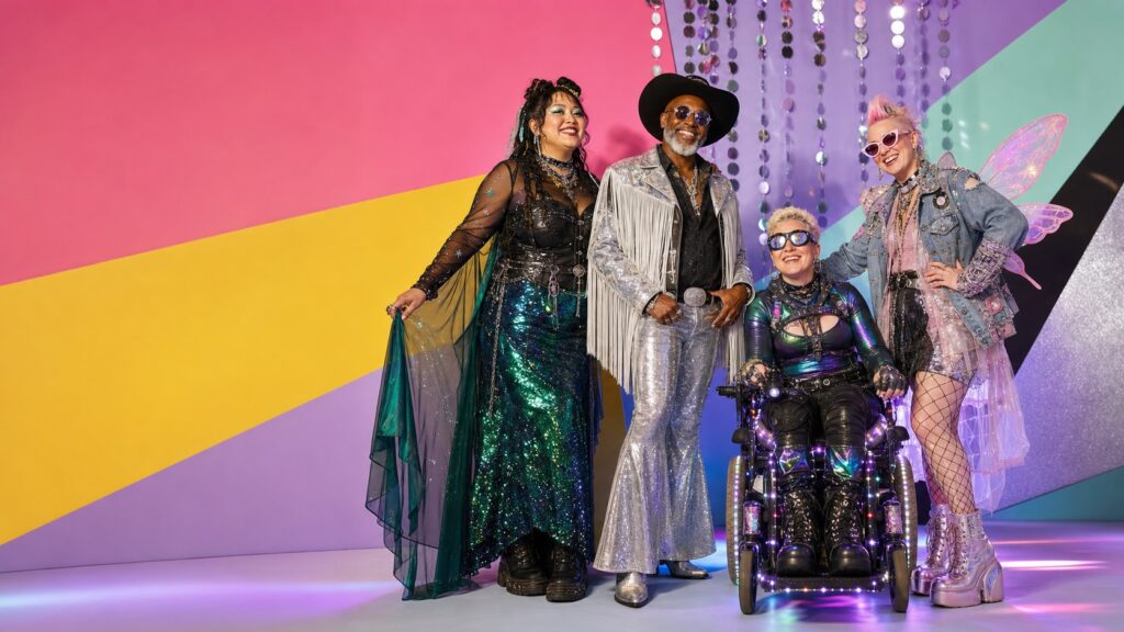 Diverse adult festival-goers in colourful goth, futuristic, western and fairy-inspired outfits with practical boots.