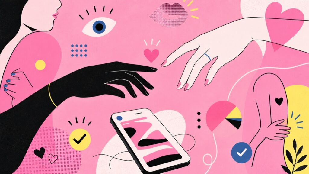 Editorial pink and yellow illustration about digital distraction, consent and modern intimacy