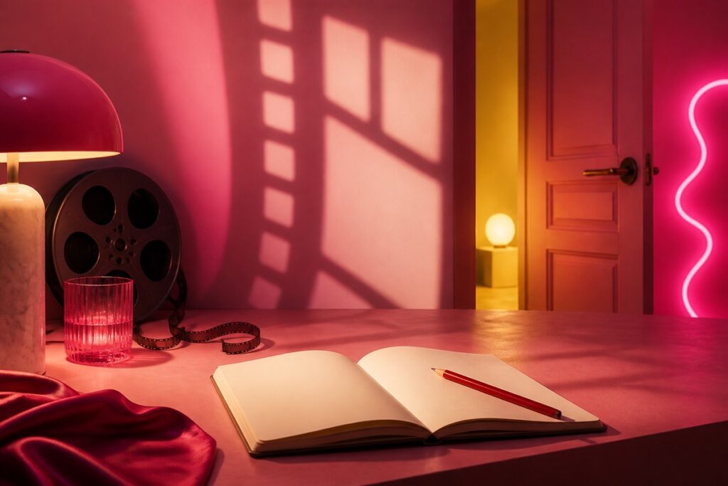 Abstraktes Coverbild für KOPFKINO mit warmer Lichtstimmung, sinnlicher Atmosphäre und weichen Formen in Lisa Opels CI-Farben.