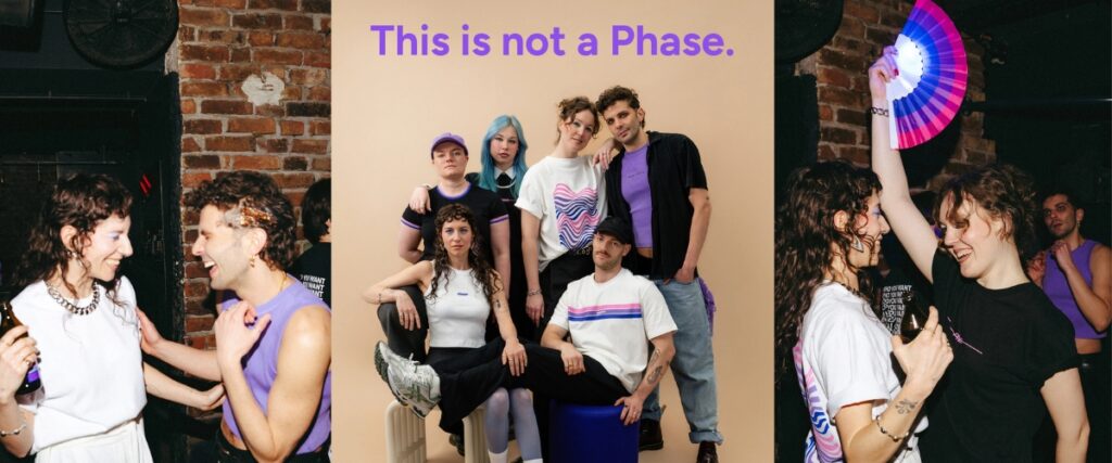 Collage of queer people wearing purple, pink, and blue at a party and group photoshoot, with the text “This is not a Phase.”